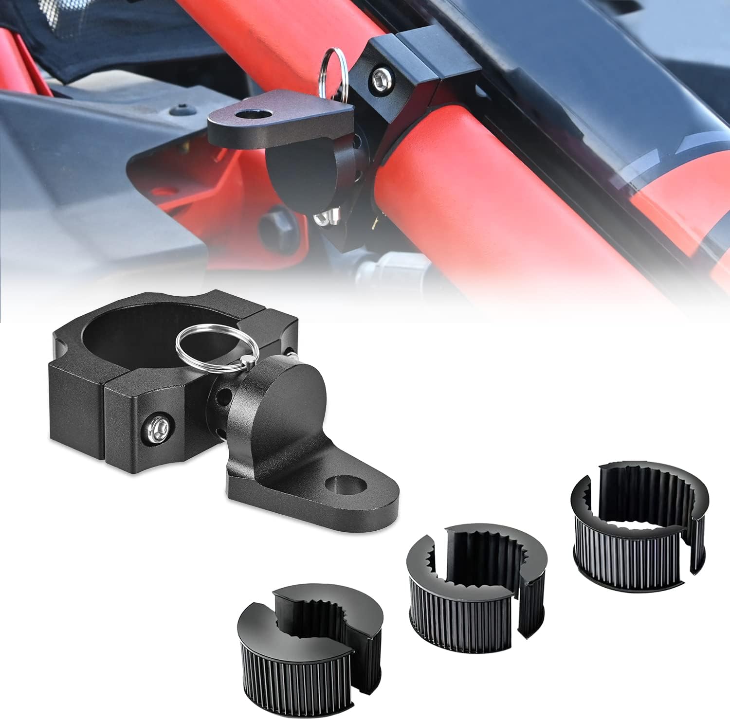 UTV Whip Mount 360°Adjustable Flag Mount Aluminum Bracket with 3 Sizes Rubber Inserts for 1"-2" Roll Bar Compatible with Polaris RZR Can-Am Commander Kawasaki Talon