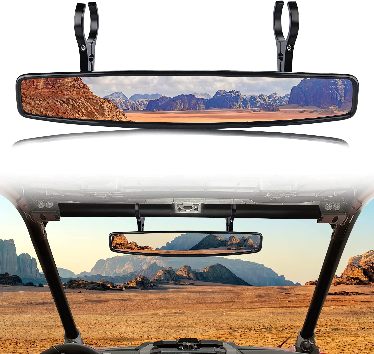 UTV Rear View Mirror 15" Wide Clear Powersports UTV Mirror with 3/4 1.75" or 2" Clamps and Convex Design Compatible with Polaris RZR PRO XP, Can Am Commander Maverick, Pioneer, Kawasaki Mule